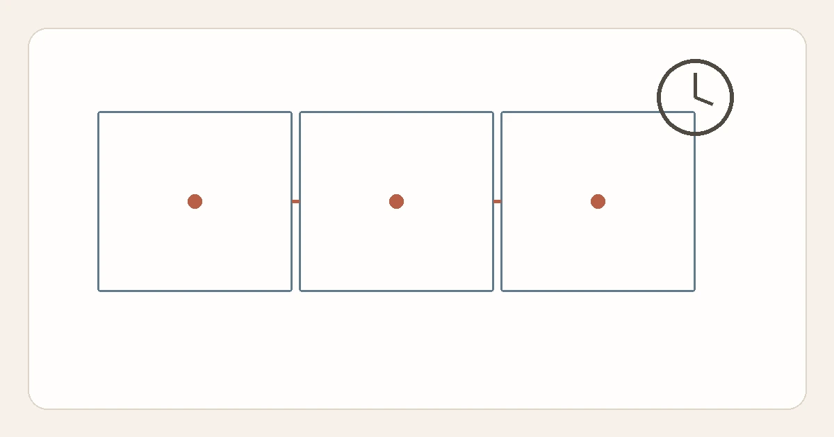 Three connected room outlines in a row with a small clock accent in the top corner.
