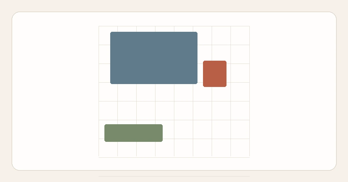 A one-foot scale grid with example bed, nightstand, and dresser blocks placed inside it.