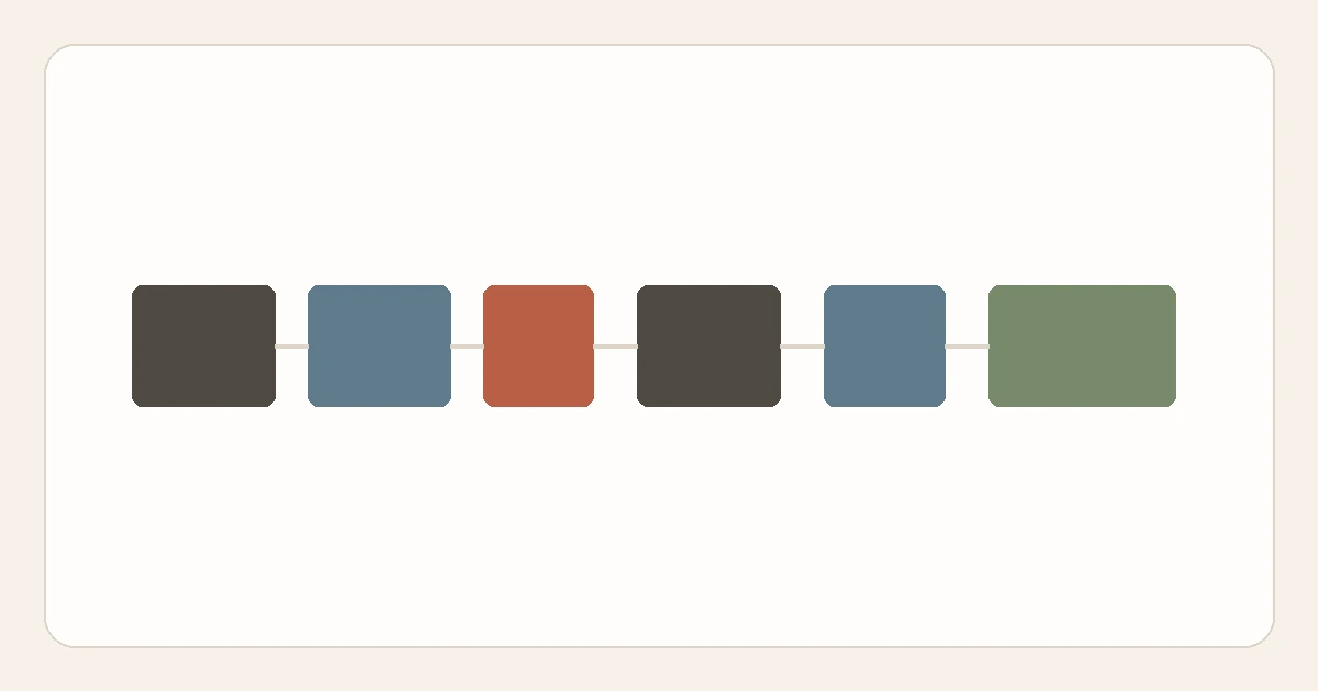 Six connected blocks in a row representing stages of a furniture delivery path from entrance to final room.