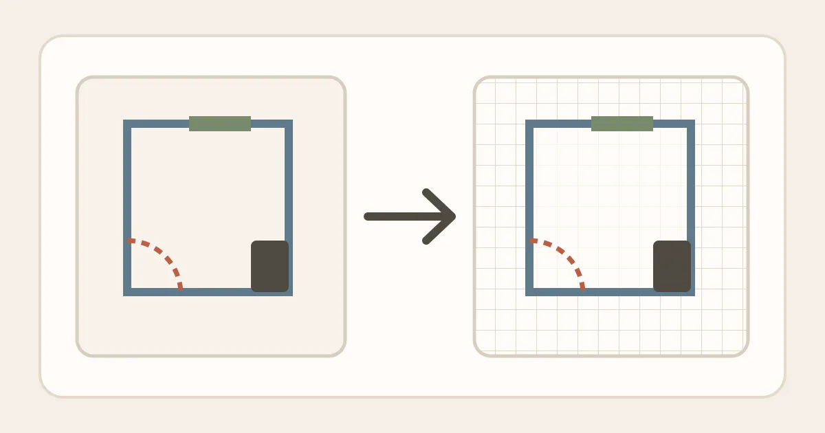 A rough room outline with a door, window and fixed projection translated by an arrow into the same clean plan on a square grid.
