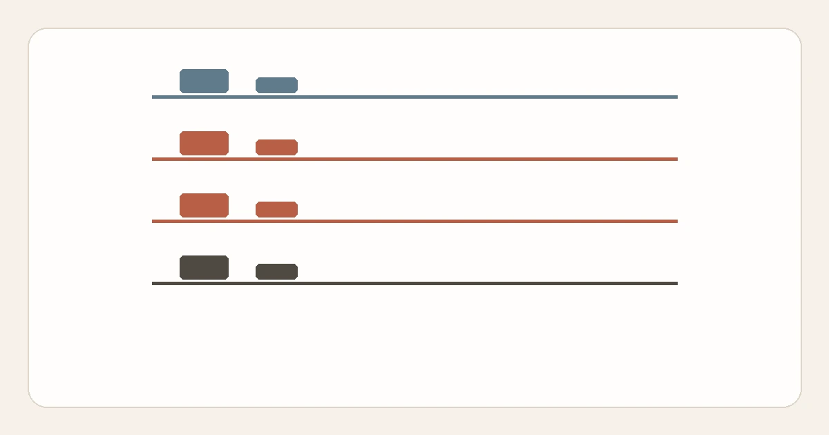 A cabinet elevation with four shelf lines in different accent colors, each holding two small object blocks.