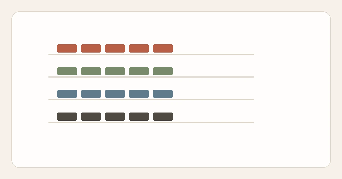 Four closet shelf lines, each holding a row of small folded-textile blocks in a different accent color.