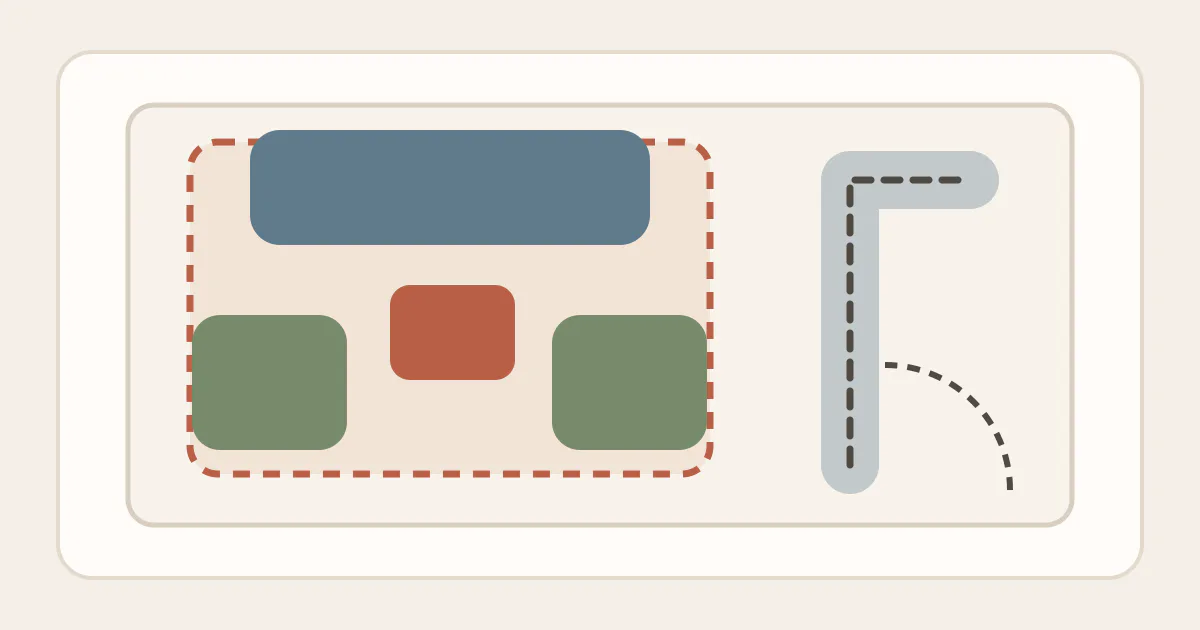 A sofa, two chairs and coffee table grouped inside a rug outline while a separate walking path connects two room openings.