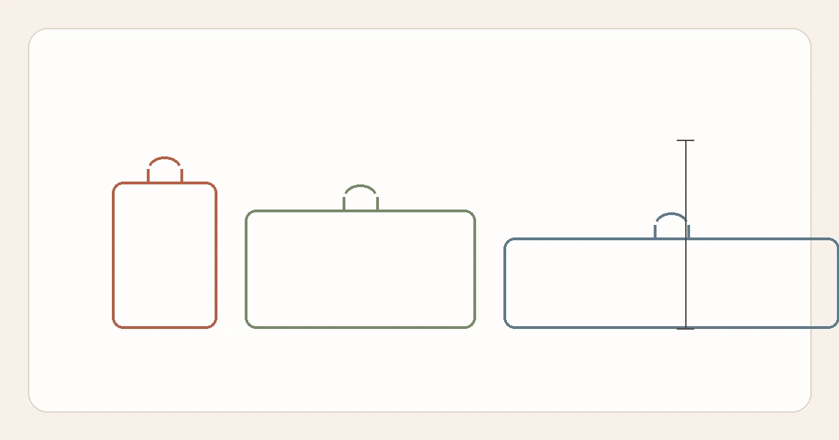 Three stacked suitcase outlines in graduated sizes with a vertical clearance measurement line beside them.