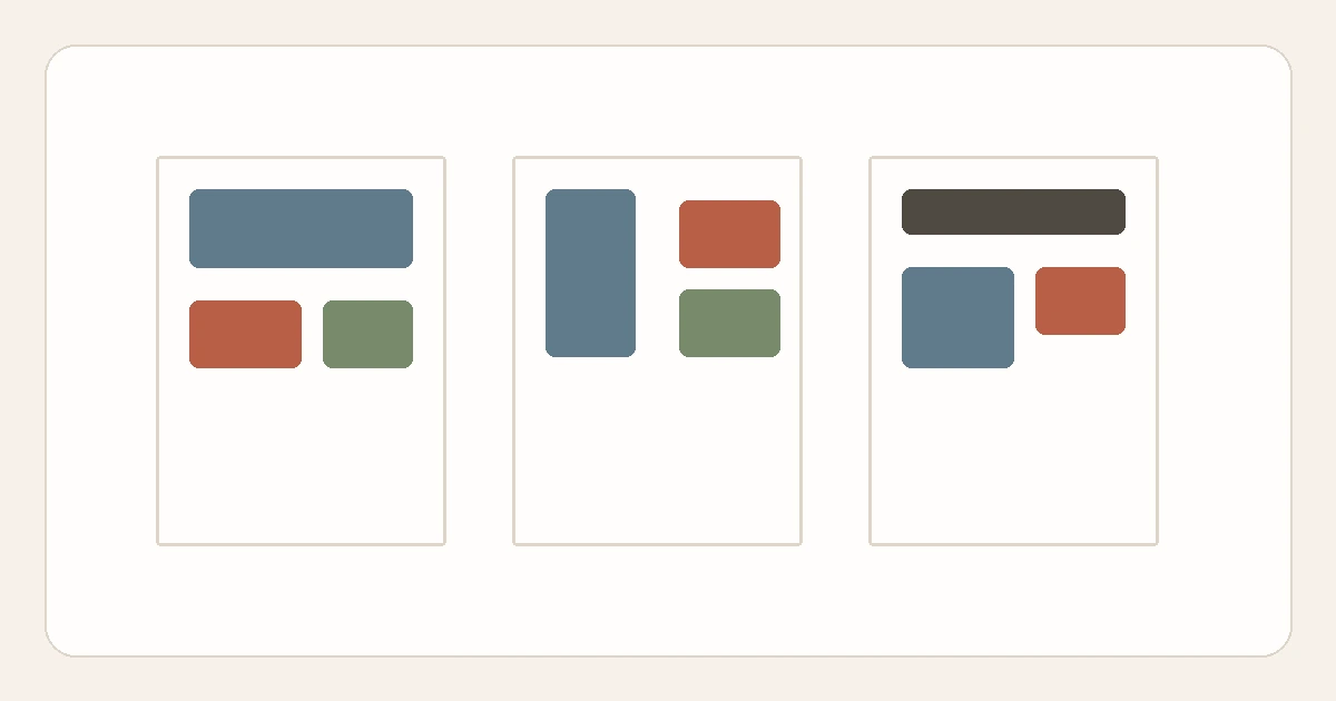 Three small example floor-plan panels, each showing a different arrangement of colored zone blocks.